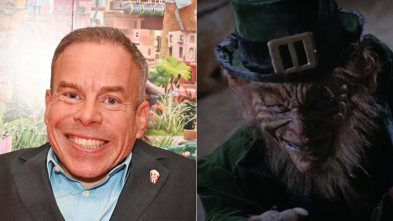 Split image of Warwick Davis and his character in Leprachaun