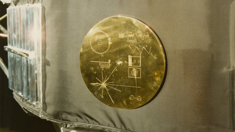 Golden record with cover on Voyager space probe, 1977