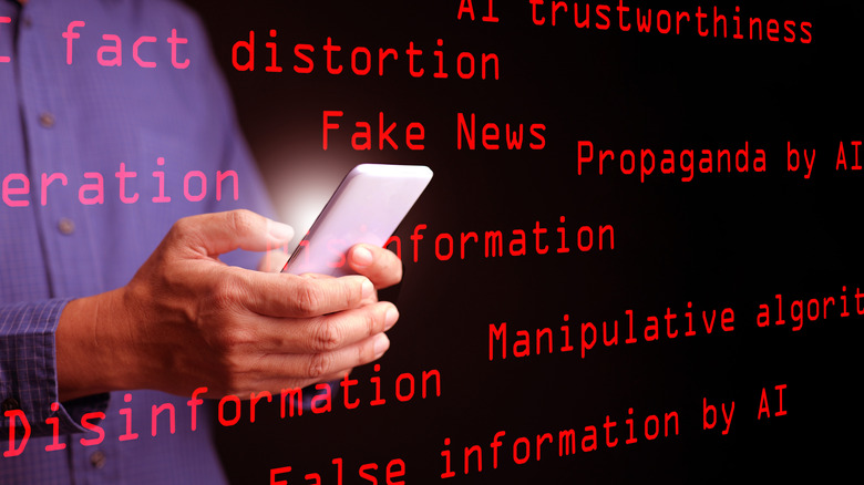 Hands holding a cellphone with red warnings about AI misinformation across the image