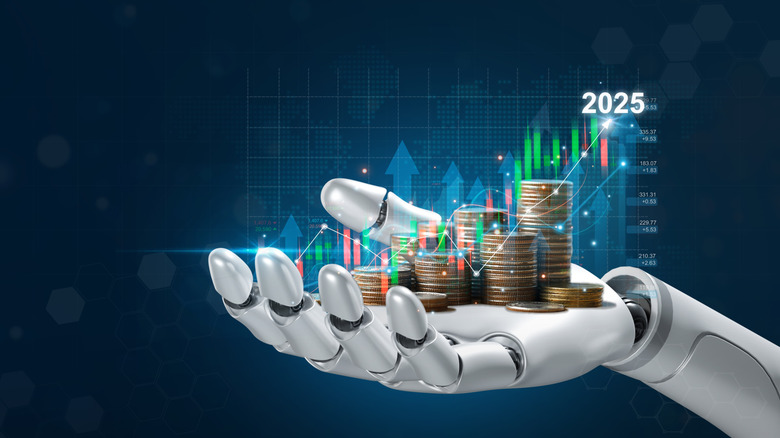 Robot hand holding coins in front of an increasing graph