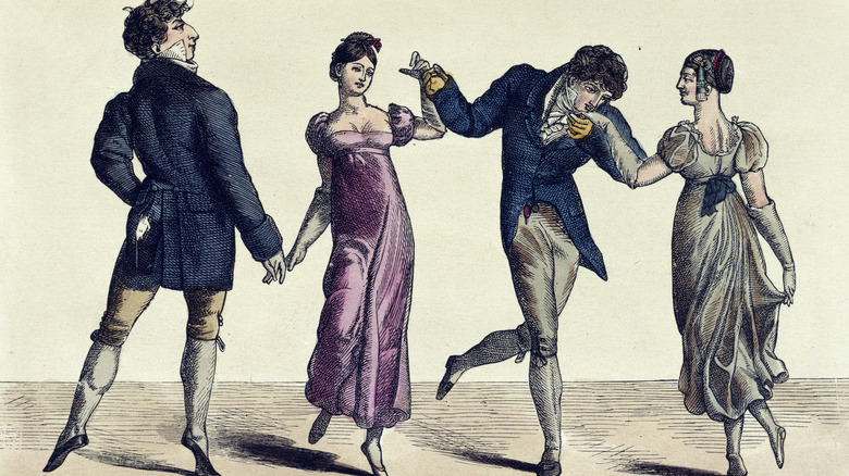 Four figures dancing at the club Almack's: Marquis of Worcester; Lady Jersey; Clanronald Macdonald and Lady Worcester.