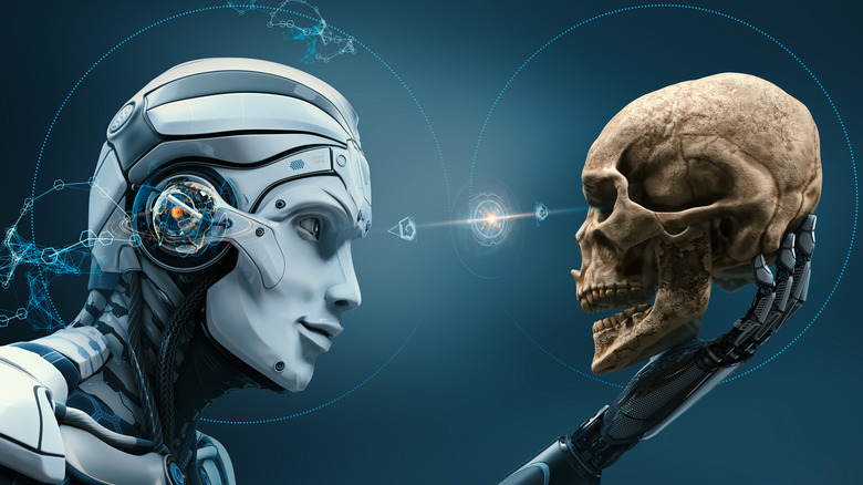 cyborg looking at a human skull 