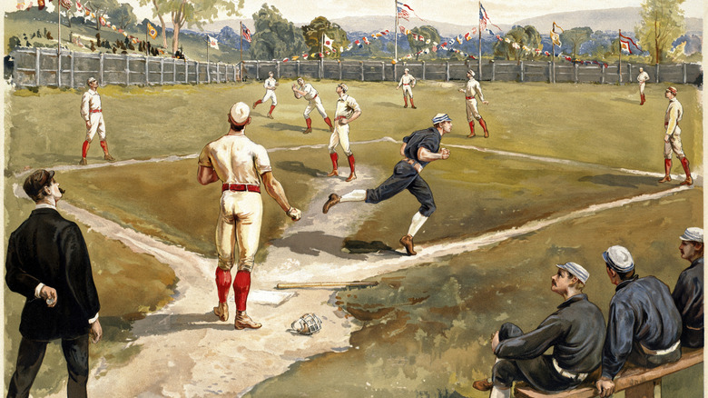 old time print of baseball game 