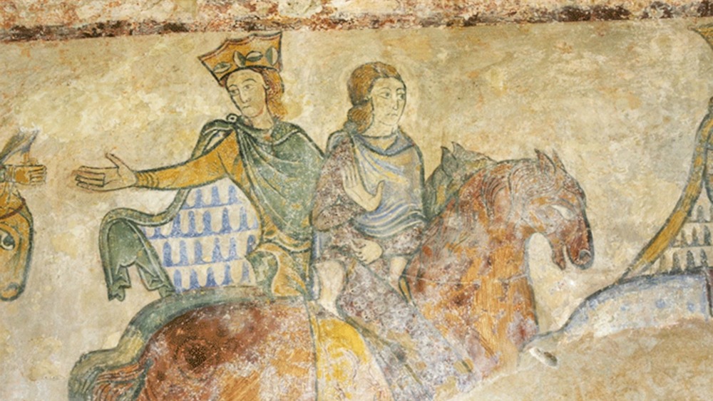 A possible representation of Eleanor of Aquitaine and her daughter Joan of England in 1174. Wall painting in the Saint Radegonde Chapel in Chinon, France.