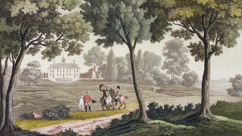 George Washington rides near the Potomac