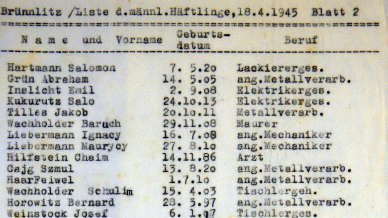 one of the original lists of Schindler's Jews
