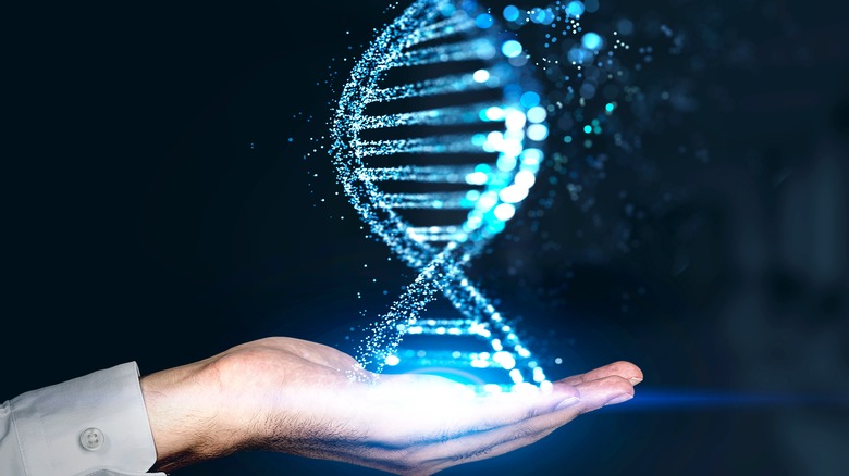 Digital illustration of DNA molecule strand in hand 