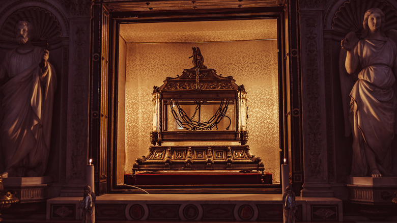 Relics on altar behind glass