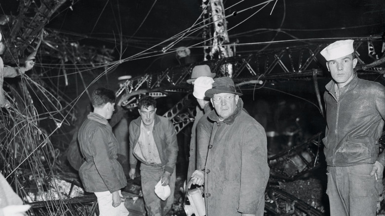 Rescuers amid Hindenburg's wreckage 