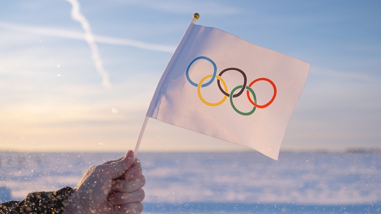 Hand holding Olympic flag