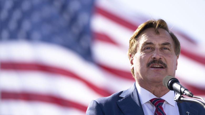 Mike Lindell speaking into microphone