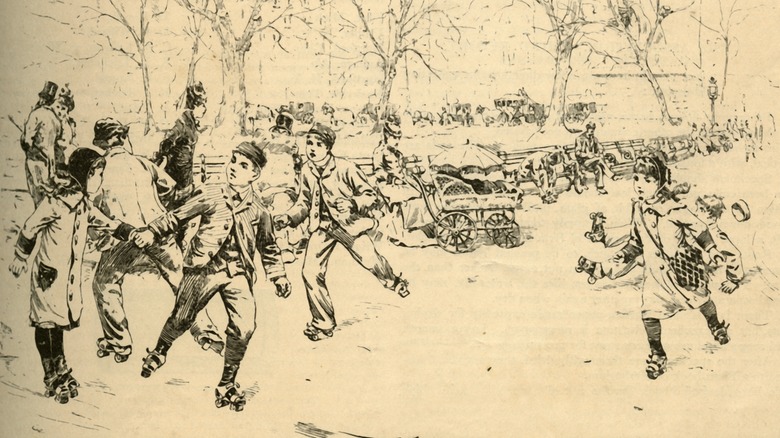 People roller skating in the 1880s