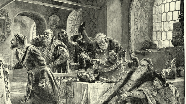 19th century illustration of Russian men drinking