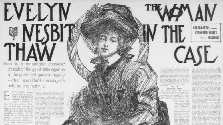 A black and white sketch of Evelyn Nesbit Thaw on the front page 