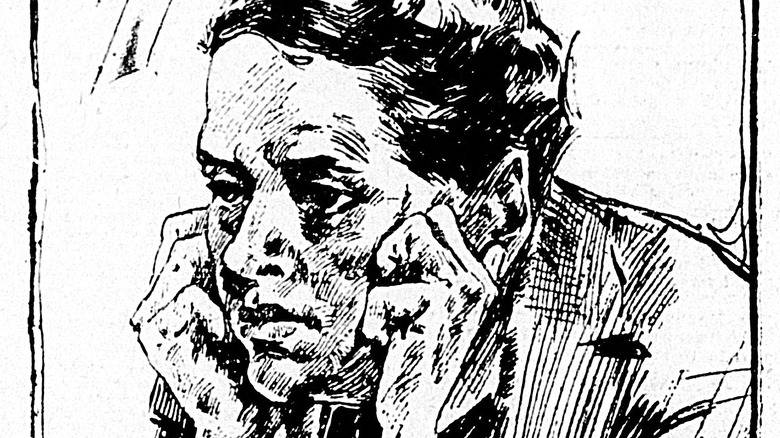 courtroom sketch of Thaw holding his hands to his face