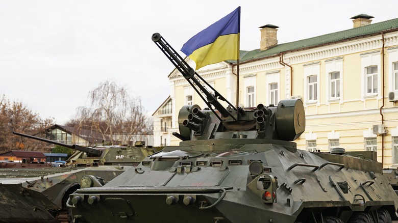 an armored vehicle with Ukraine's flag