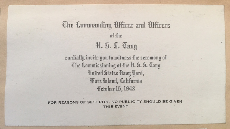 An invitation to the commissioning of the USS Tang, indicating the event should not be publicized
