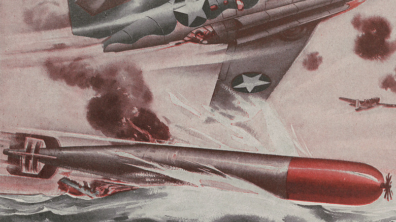 WWII-era advertisement for an arms manufacture showing a torpedo