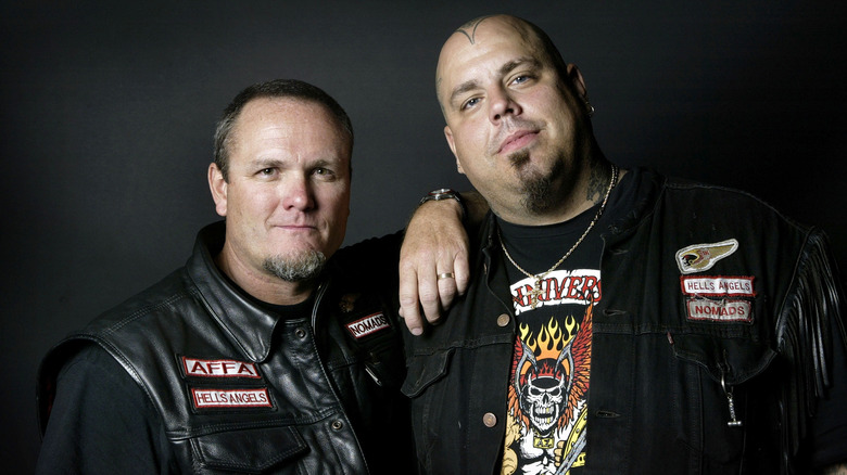 Minimally patched Hells Angels at a party in 2003
