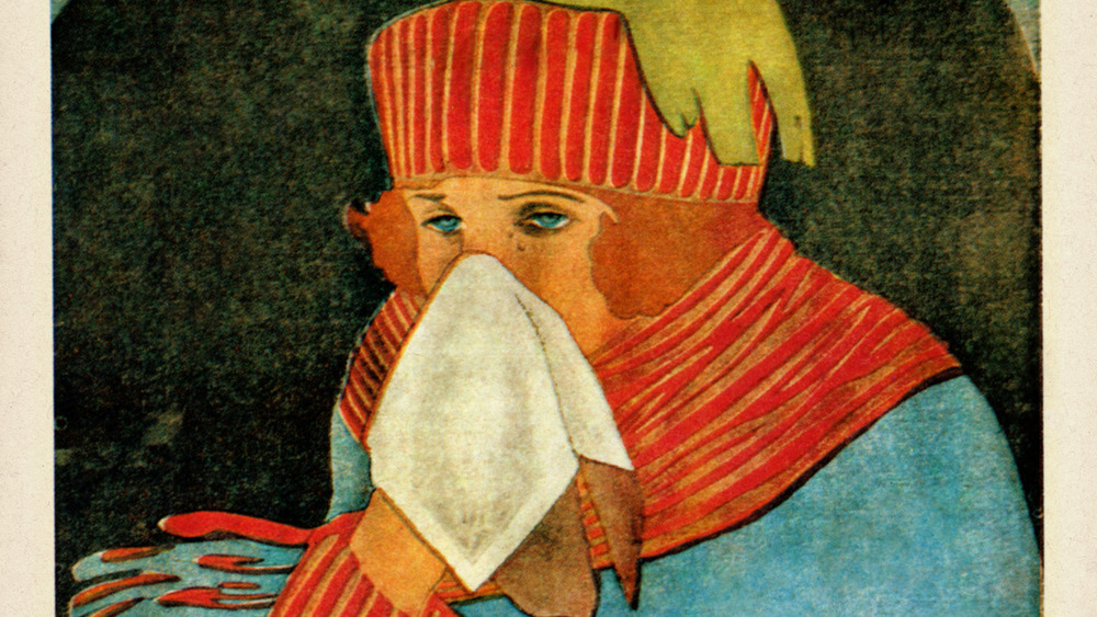 Rinolein, flu and cold medicine advertising featuring a painting of someone in a scarf and hat using a tissue