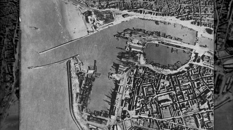 Ariel view of German invasion barges in a French port