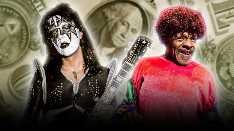 Side by side photos of ace frehley in kiss makeup and sly stone infront of money