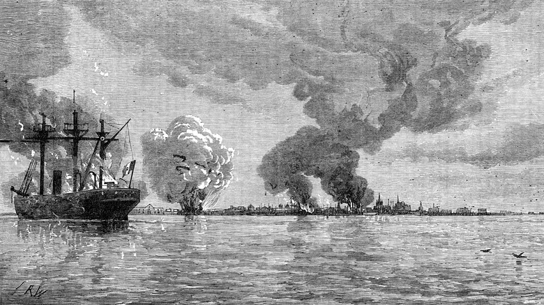etching of peruvian ships destroyed to keep the chileans from capturing them