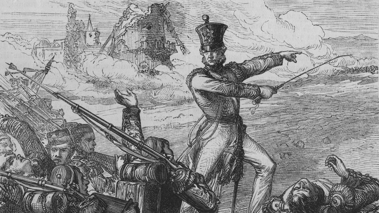 pencil drawing of an officer ordering a charge during the peninsular war