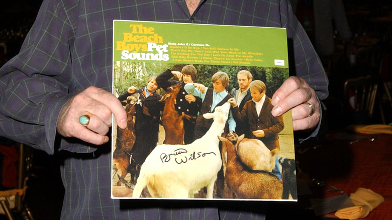 Hands holding signed copy of Beach Boys' Pet Sounds LP