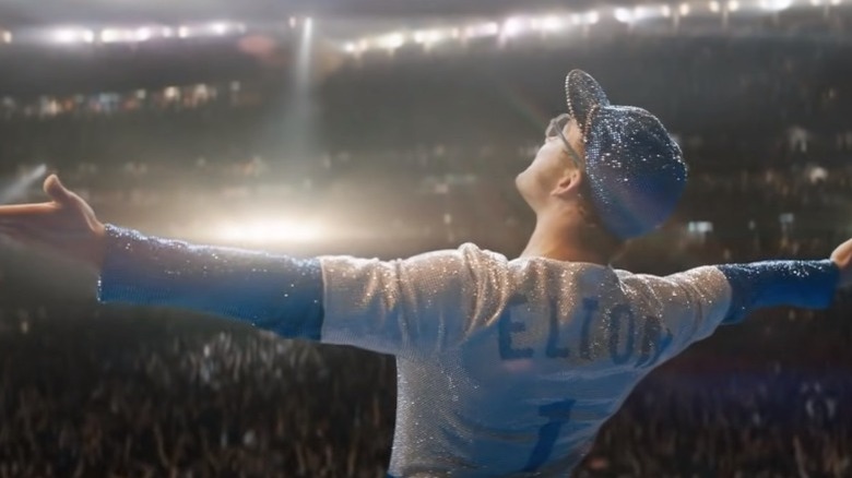 elton john performing at dodger stadium rocketman movie taron edgerton