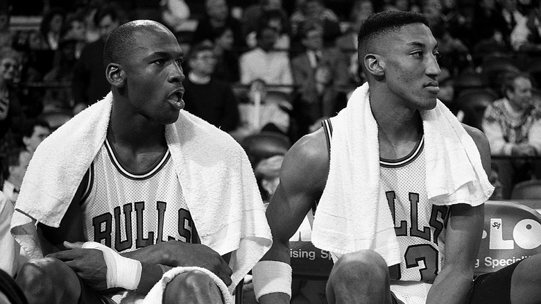 Michael Jordan and Scottie Pippen on bench