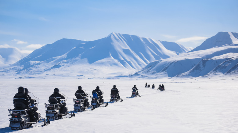 A caravan of snowmobiles