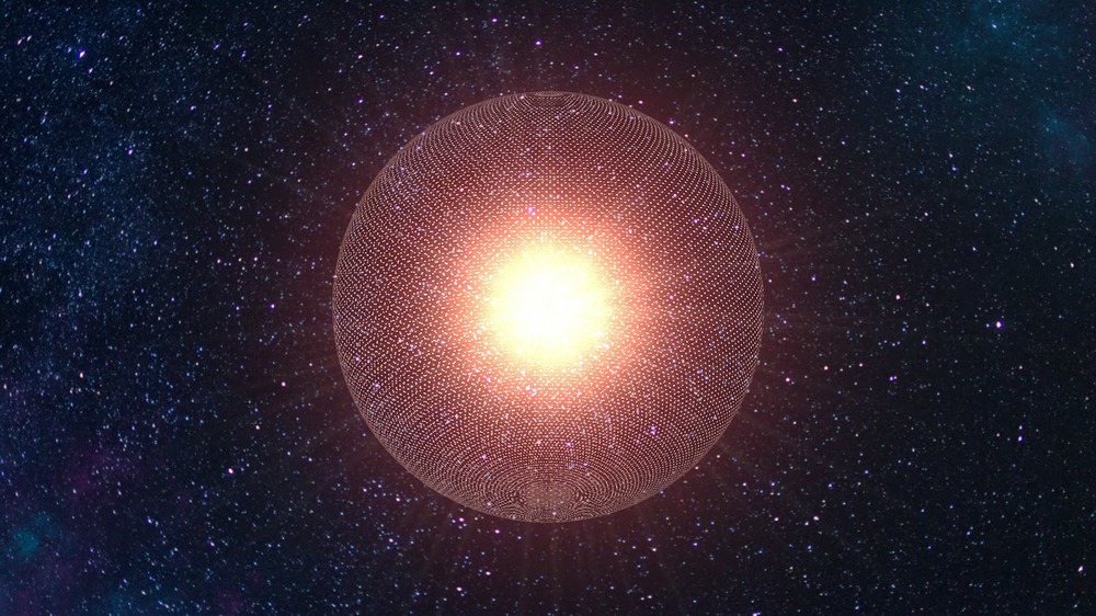 An artist's depiction of a realistic Dyson swarm viewed from a distance