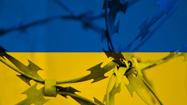 Ukrainian flag cut with barbed wire