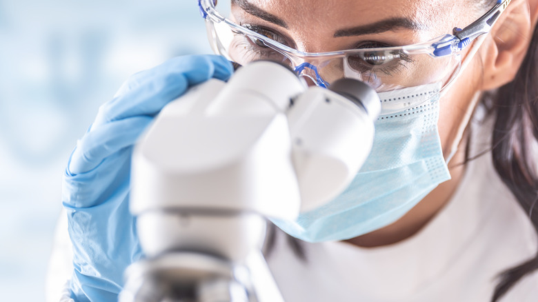 Lab scientist looking through microscope