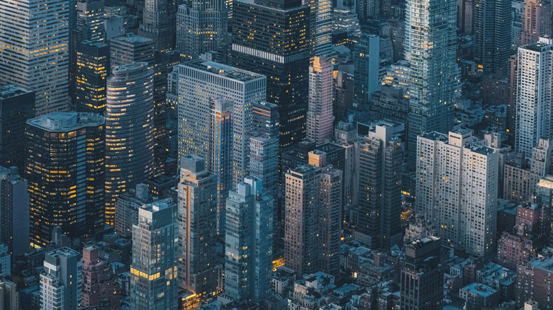 Buildings with lights turned on