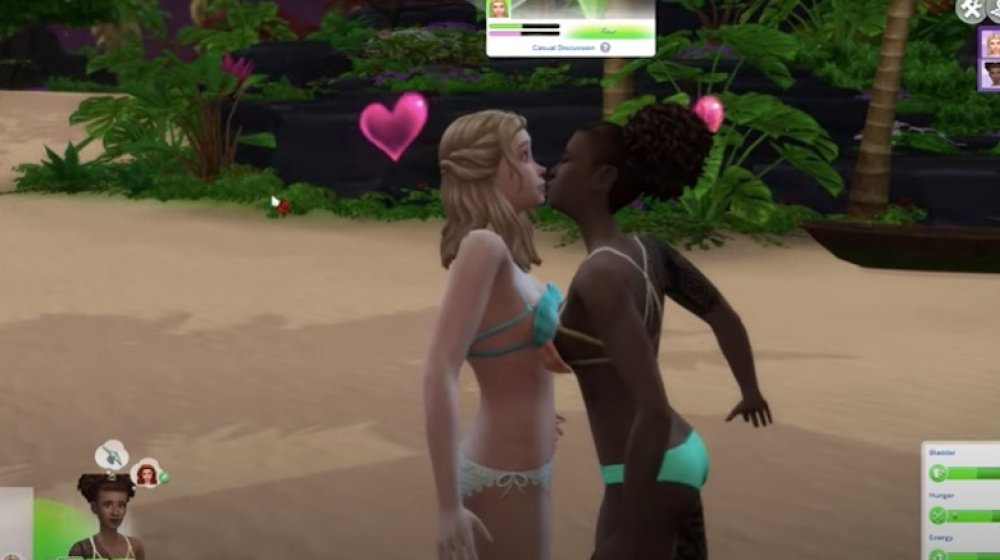 Two characters from the Sims kiss