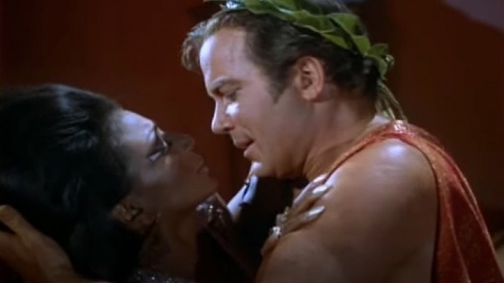 Captain Kirk and Uhura kiss on Star Trek