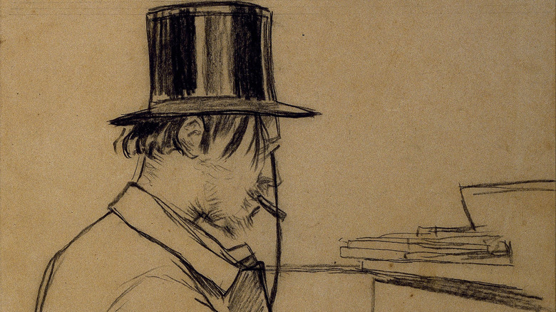 line drawing of erik satie playing keyboard