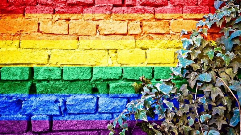 brick wall with rainbow flag