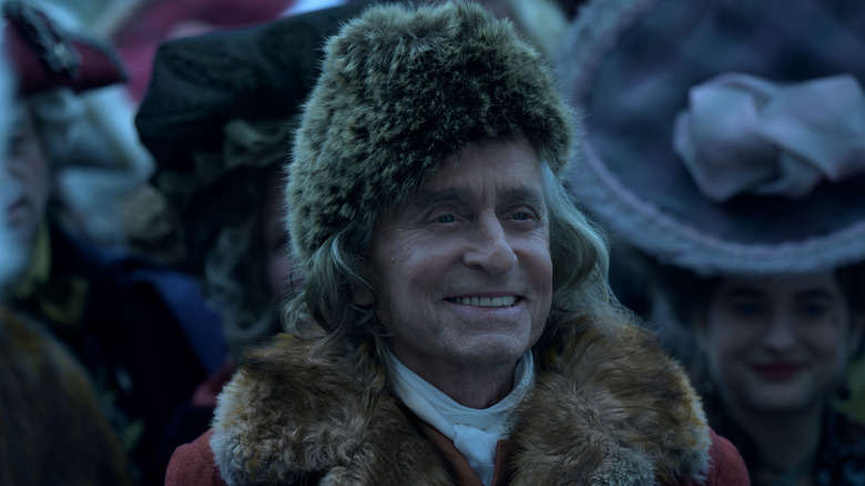 michael douglas fur hat laughing Franklin