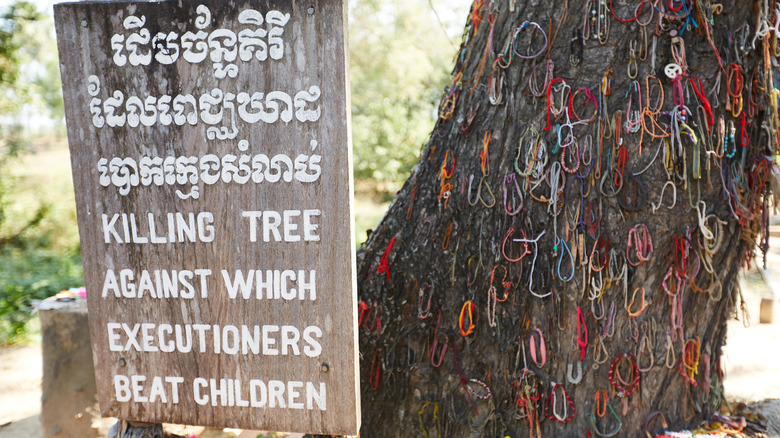 memorial site of execution tree labeled in english and khmer