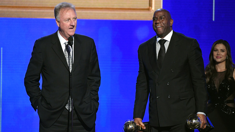 Larry Bird and Magic Johnson speaking at event