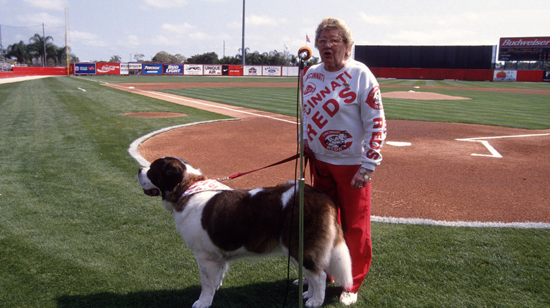 Marge Schott at the microphone