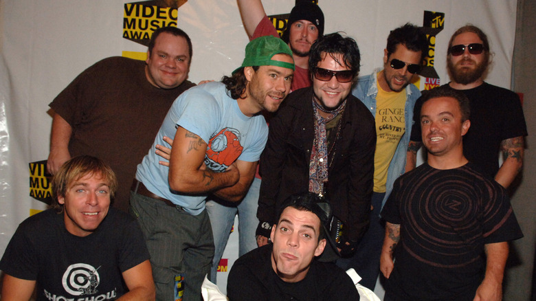 The cast of Jackass fooling around at the VMAs