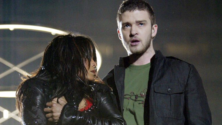 Janet Jackson and Justin Timberlake performing during the Super Bowl Halftime Show