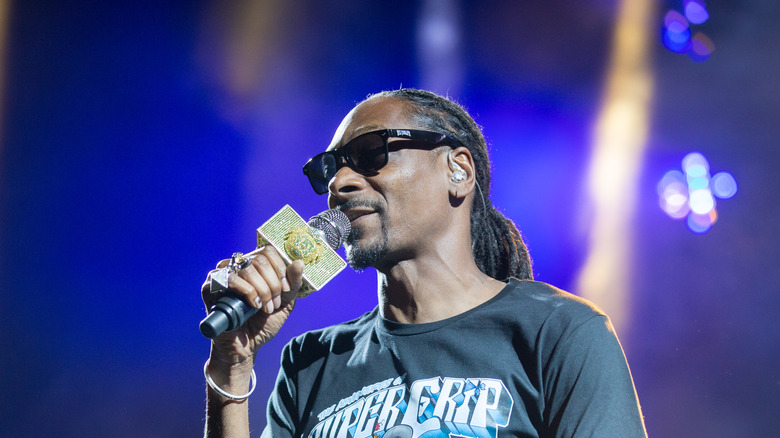 Snoop Dogg holding a microphone onstage
