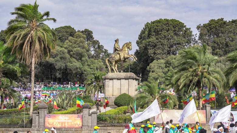 Statute on man on horse on plinth in Ethiopia