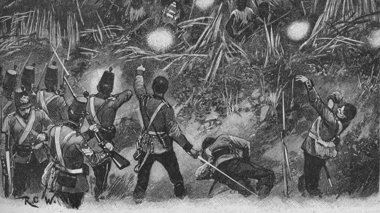 etching of British soldiers firing at Maori warriors