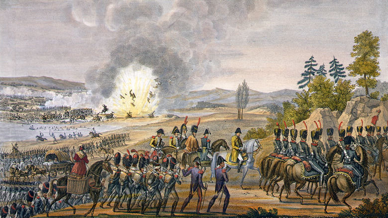 illustration of the french retreating from leipzig with bridge explosion